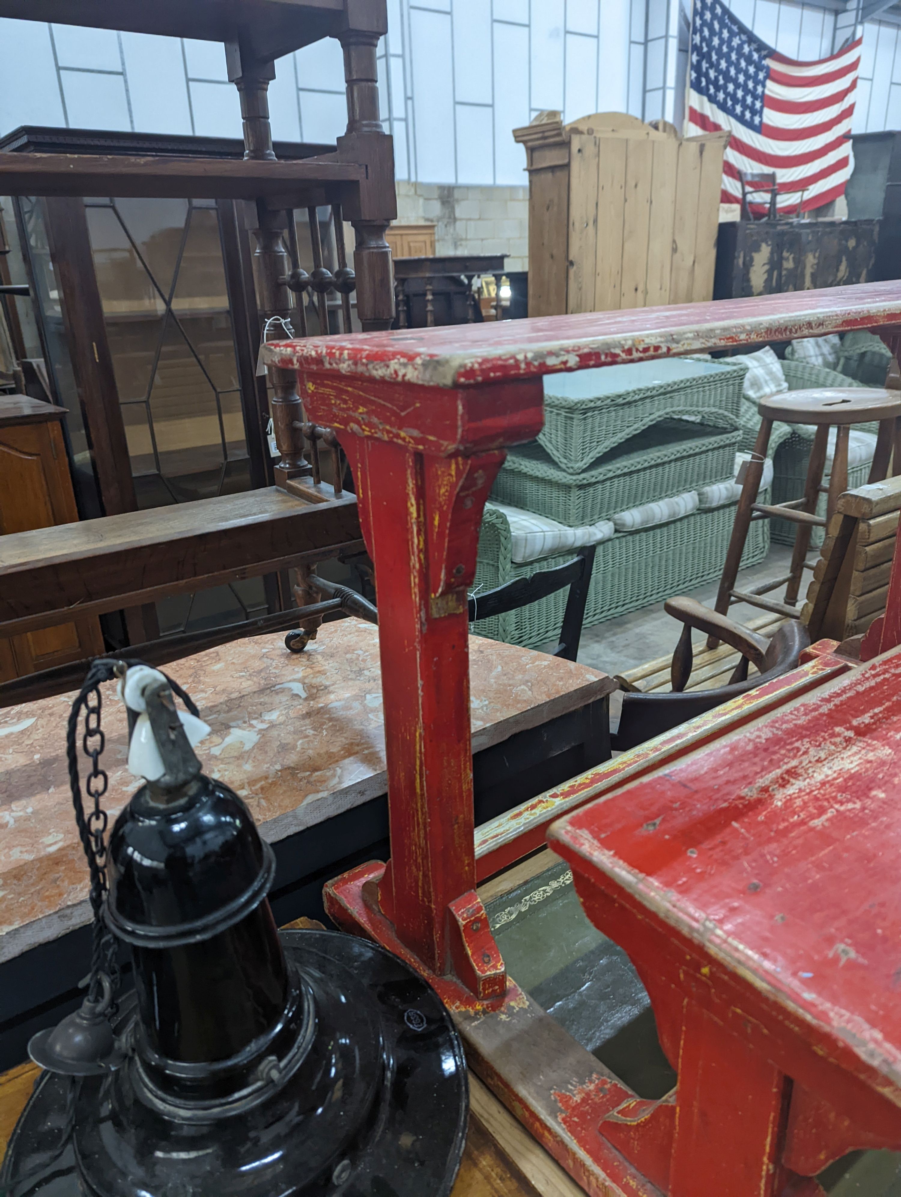 A vintage double student's desk, width 94cm, depth 60cm, height 58cm